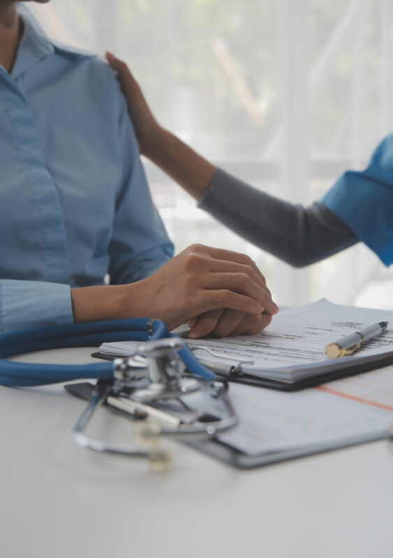 Asian doctor woman visited patient woman to diagnosis and check up health at home or private hospital. Female patient explain health problem and symptoms to doctor .Health care premium service at home