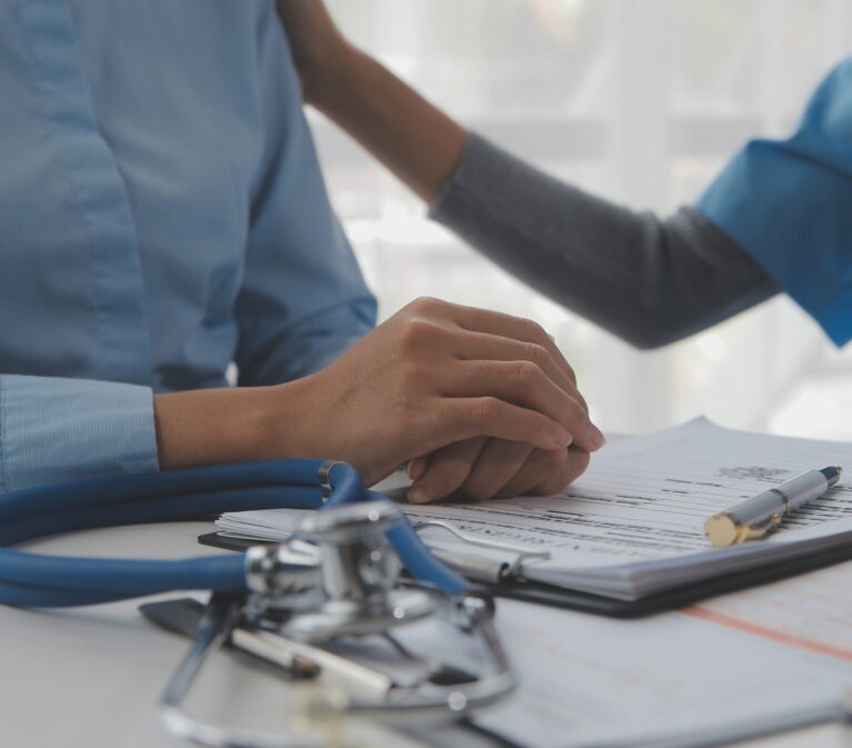 Asian doctor woman visited patient woman to diagnosis and check up health at home or private hospital. Female patient explain health problem and symptoms to doctor .Health care premium service at home