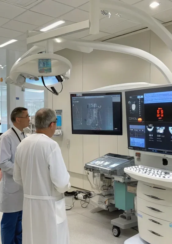 A photograph of a modern cardiology suite interior featuring a sleek, stainless steel cardiac monitor screen displaying heart rate data, a polished examination table with a patient lying supine, and a doctor in a crisp white lab coat adjusting the monitor, all illuminated by cool, diffused overhead lighting that highlights the clinical precision of the environment.
