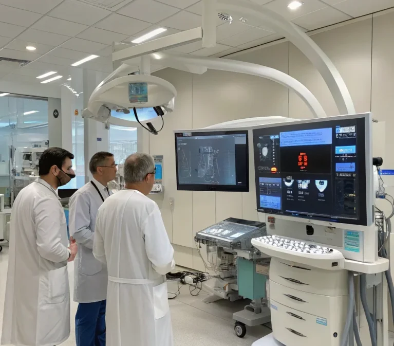 A photograph of a modern cardiology suite interior featuring a sleek, stainless steel cardiac monitor screen displaying heart rate data, a polished examination table with a patient lying supine, and a doctor in a crisp white lab coat adjusting the monitor, all illuminated by cool, diffused overhead lighting that highlights the clinical precision of the environment.