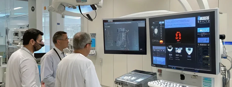 A photograph of a modern cardiology suite interior featuring a sleek, stainless steel cardiac monitor screen displaying heart rate data, a polished examination table with a patient lying supine, and a doctor in a crisp white lab coat adjusting the monitor, all illuminated by cool, diffused overhead lighting that highlights the clinical precision of the environment.