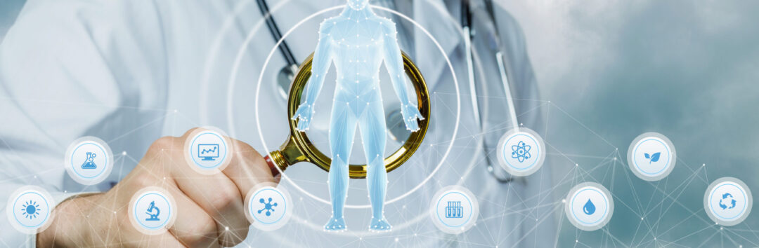 Patient research diagnostic concept.Doctor examine patient hologram with magnifier.
