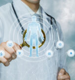 Patient research diagnostic concept.Doctor examine patient hologram with magnifier.
