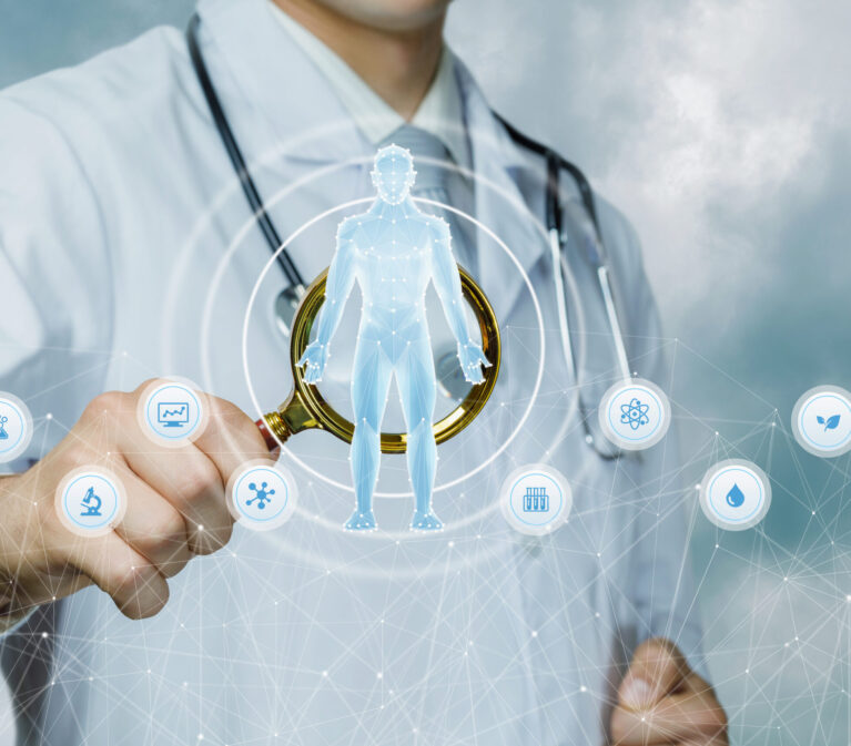 Patient research diagnostic concept.Doctor examine patient hologram with magnifier.
